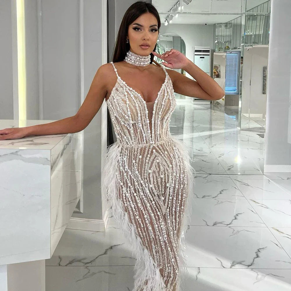 White Nude Mermaid Spaghetti Strap Beaded Feather Evening Dress Gown LA72047