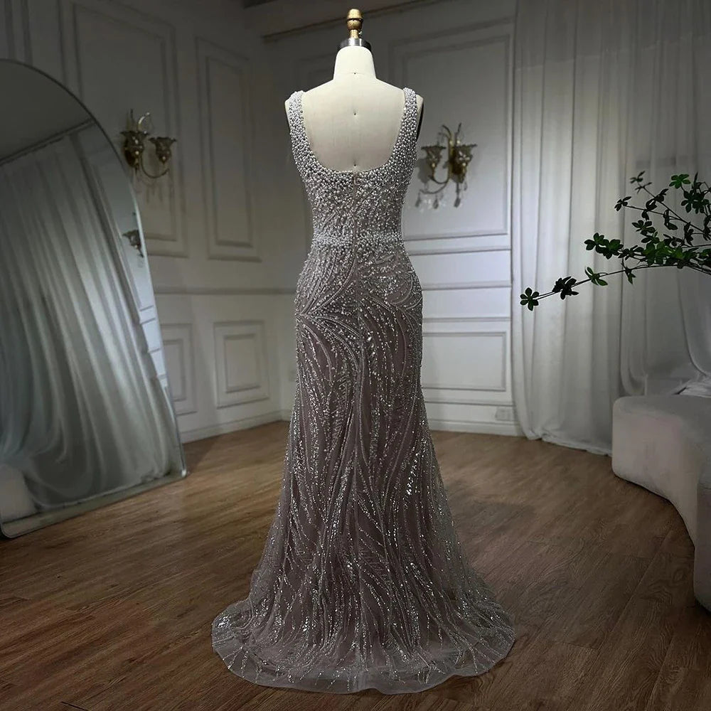 Luxury White Nude Pearl Beaded Mermaid Evening Dress LA72266