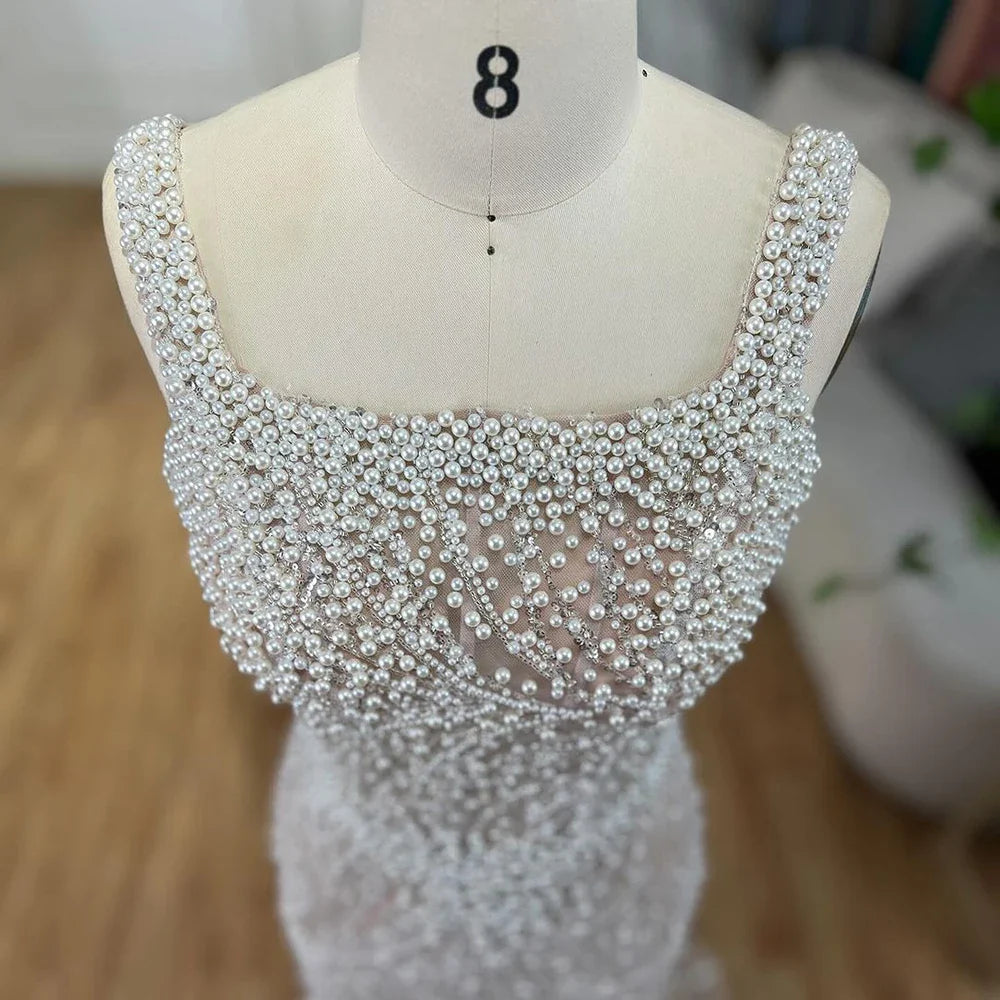 Luxury White Nude Pearl Beaded Mermaid Evening Dress LA72266