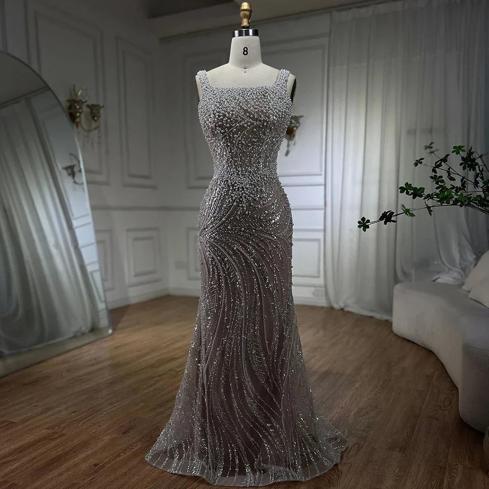 Luxury White Nude Pearl Beaded Mermaid Evening Dress LA72266