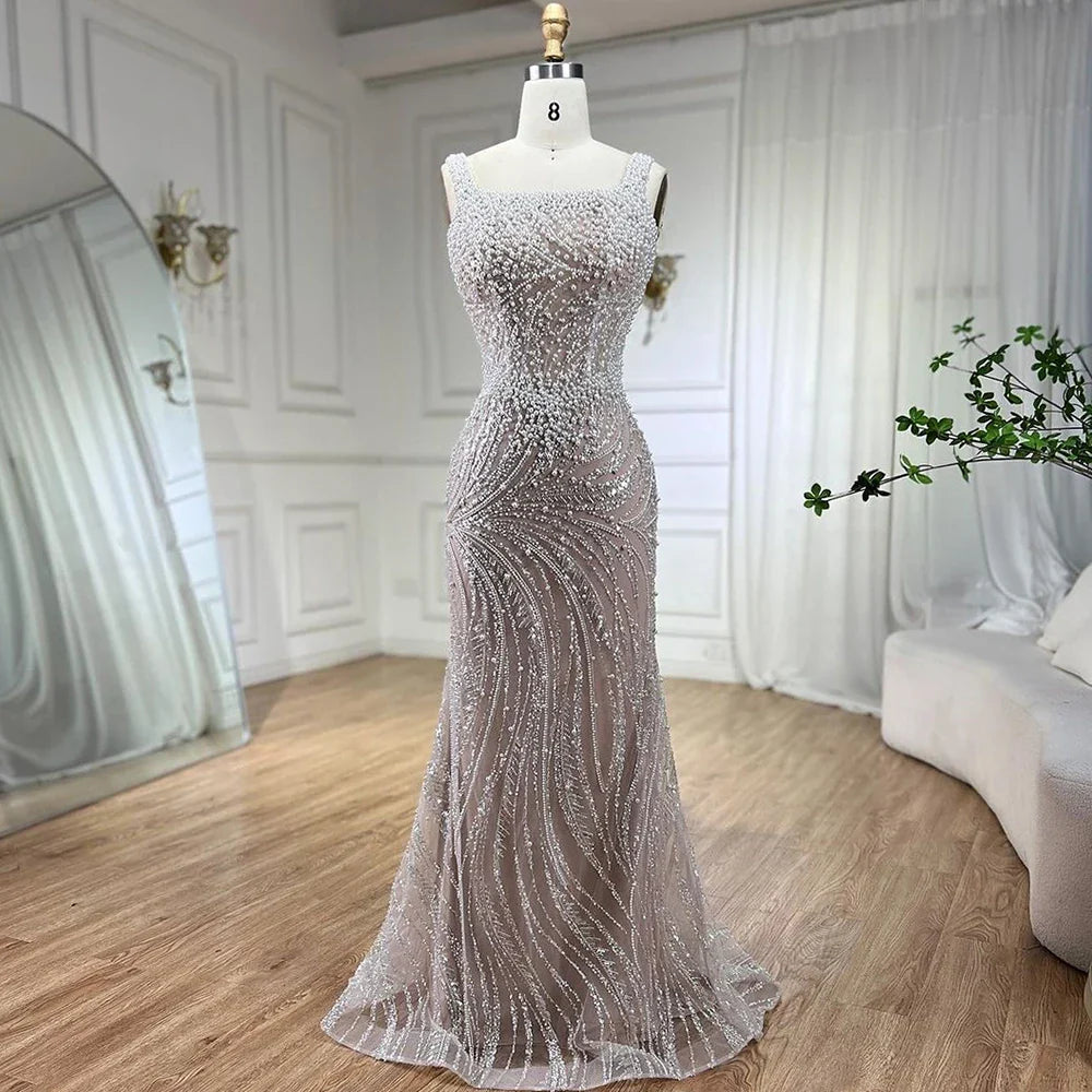 Luxury White Nude Pearl Beaded Mermaid Evening Dress LA72266