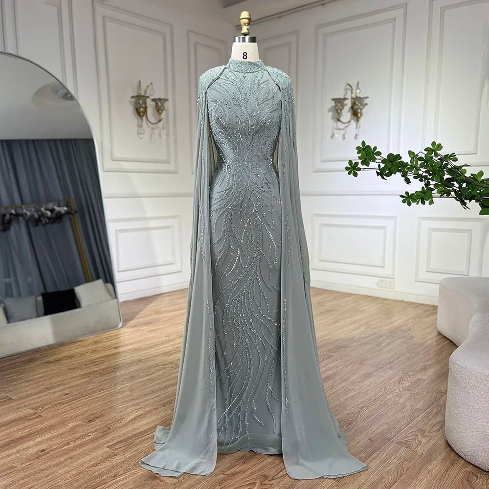 Modest Muslim Sage Green Evening Dress with Cape Long Sleeves LA72413A