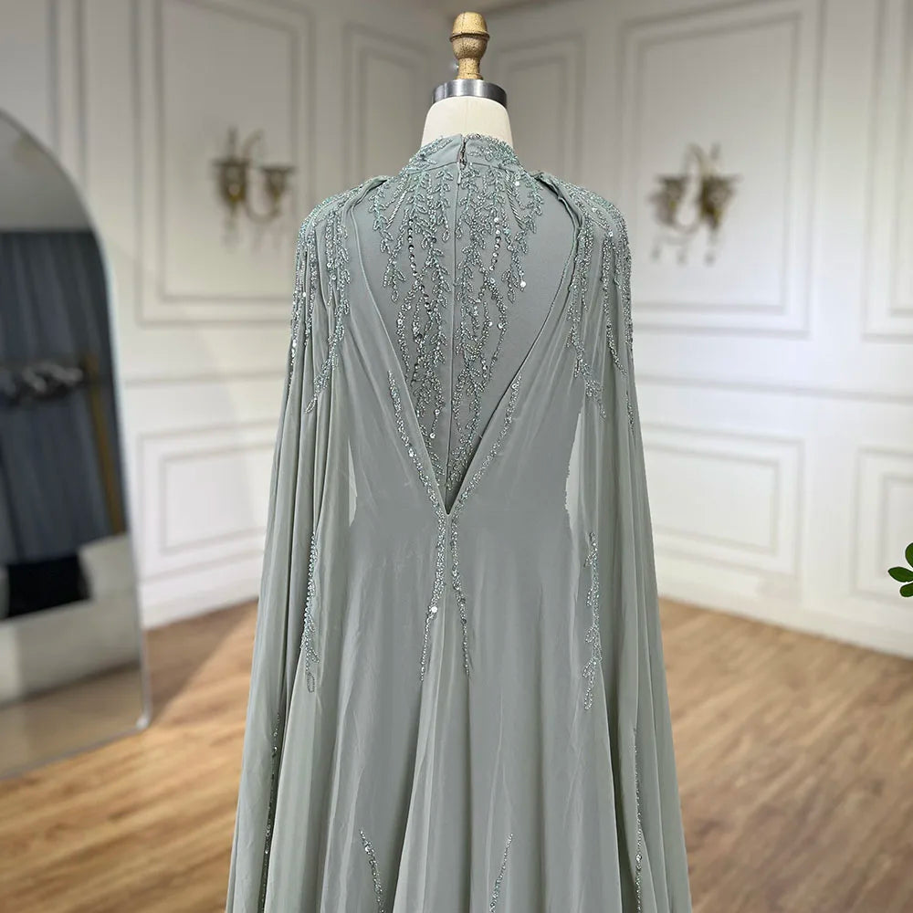 Modest Muslim Sage Green Evening Dress with Cape Long Sleeves LA72413A