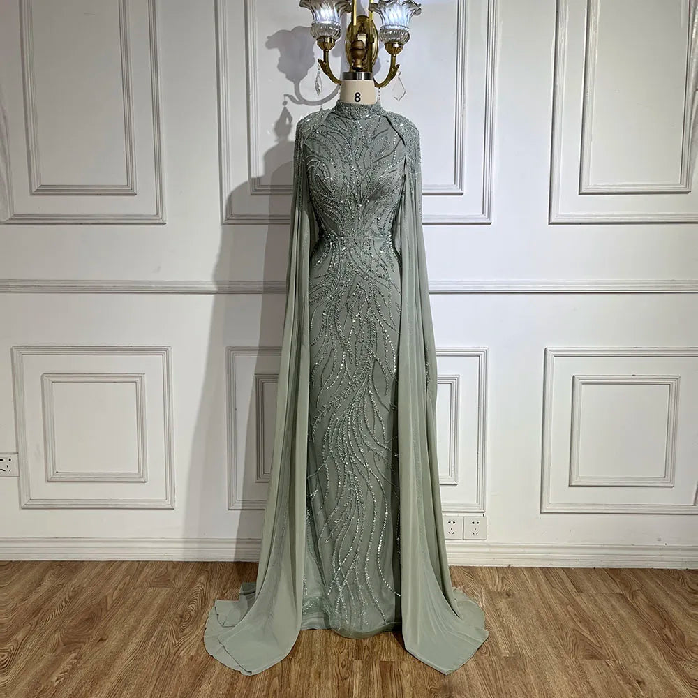 Modest Muslim Sage Green Evening Dress with Cape Long Sleeves LA72413A