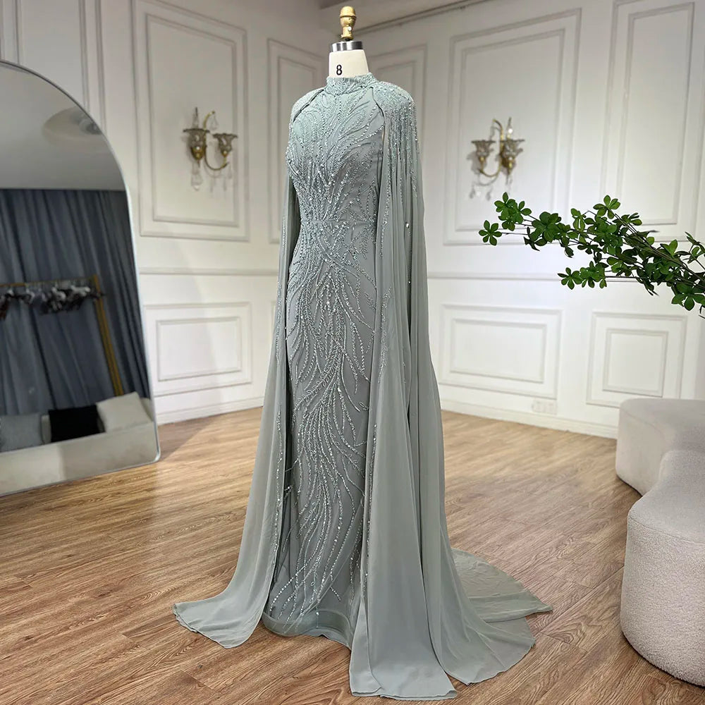 Modest Muslim Sage Green Evening Dress with Cape Long Sleeves LA72413A