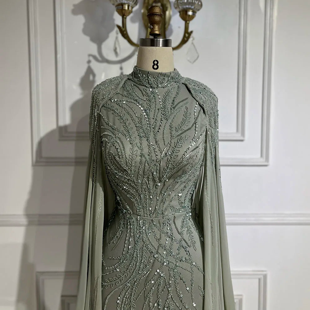 Modest Muslim Sage Green Evening Dress with Cape Long Sleeves LA72413A