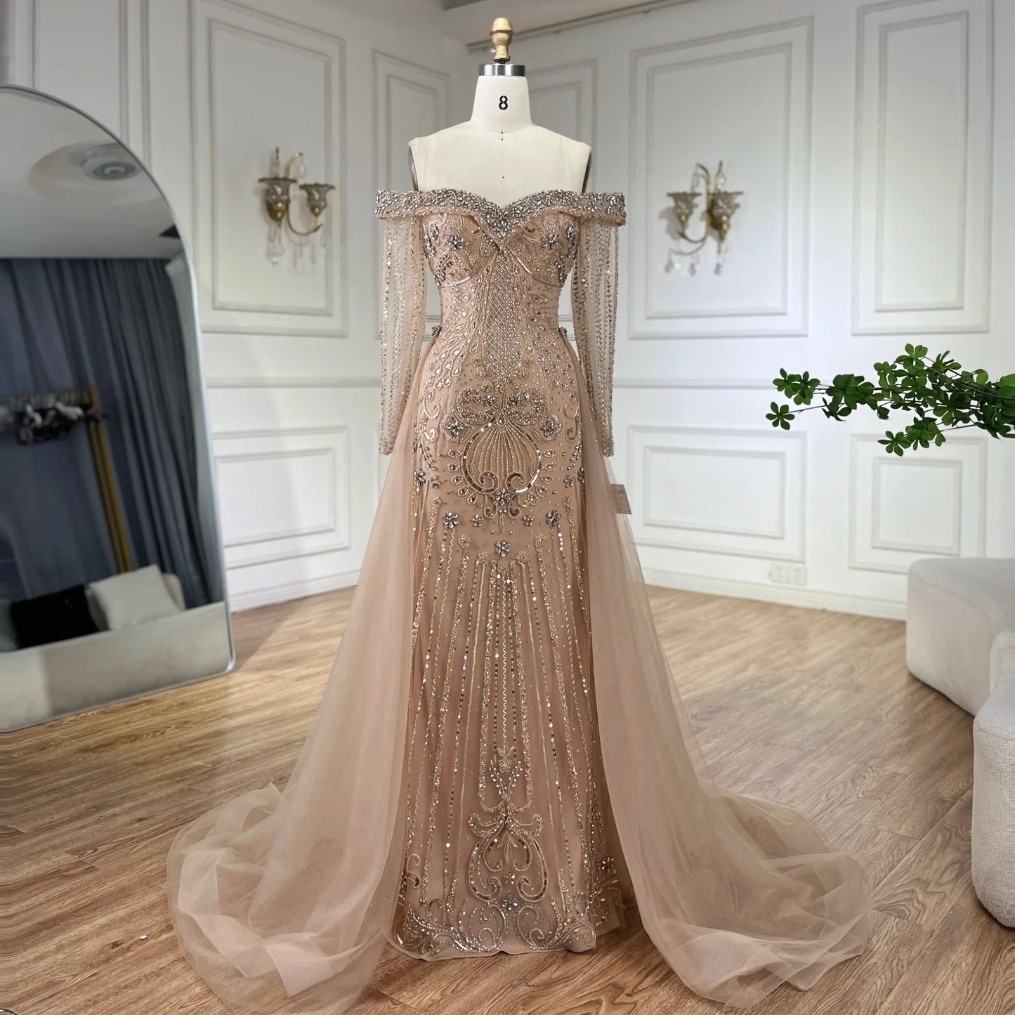 Nude Elegant Beaded Mermaid Evening Dress with Overskirt LA72397
