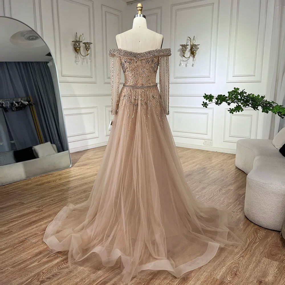 Nude Elegant Beaded Mermaid Evening Dress with Overskirt LA72397