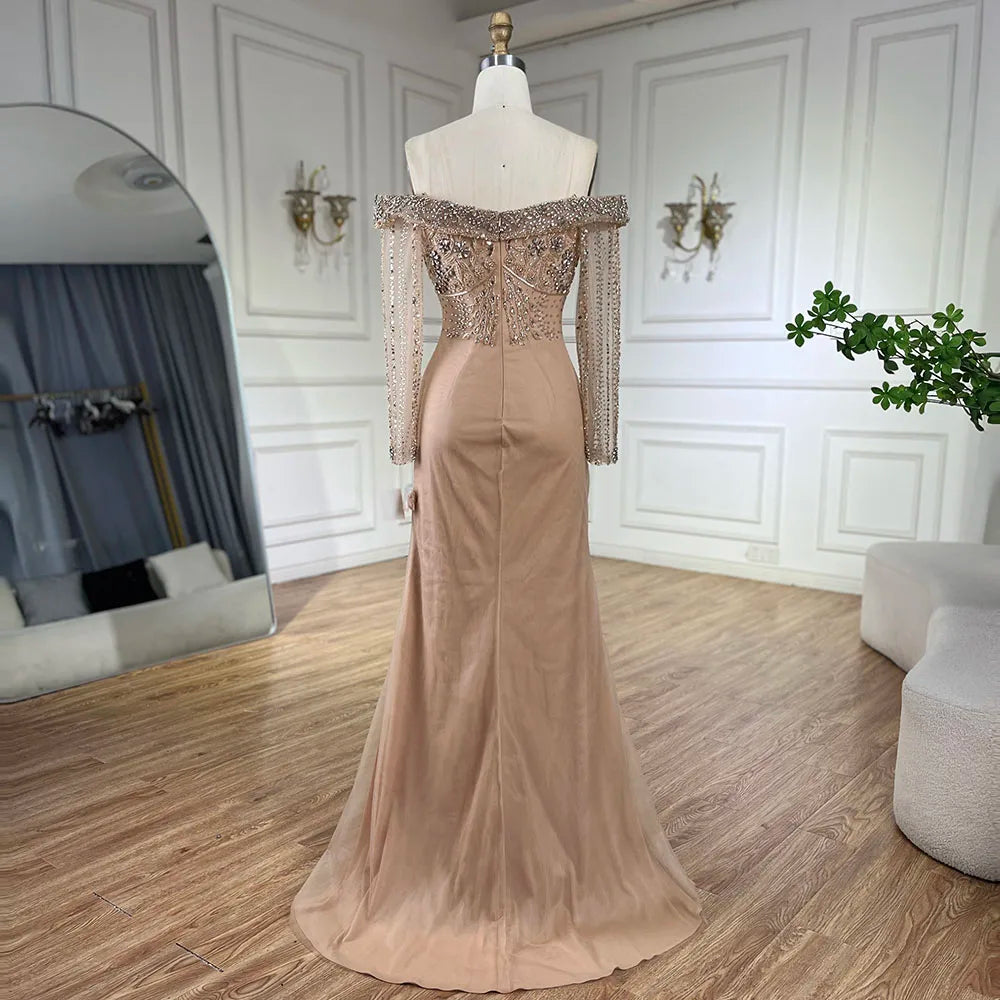 Nude Elegant Beaded Mermaid Evening Dress with Overskirt LA72397