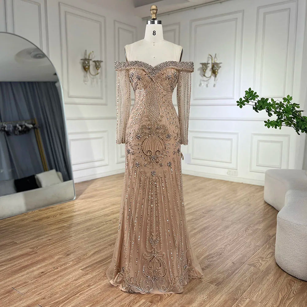 Nude Elegant Beaded Mermaid Evening Dress with Overskirt LA72397