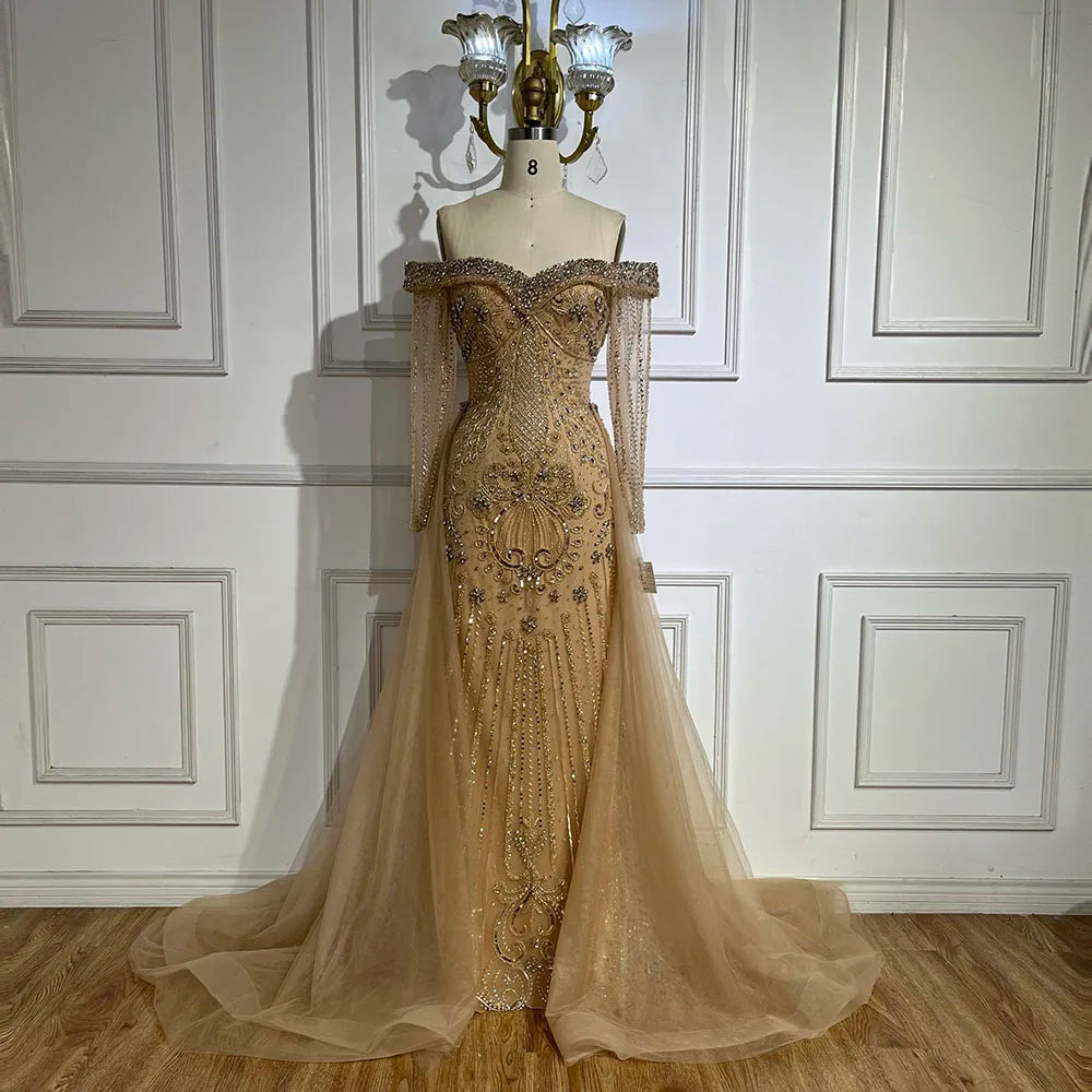 Nude Elegant Beaded Mermaid Evening Dress with Overskirt LA72397