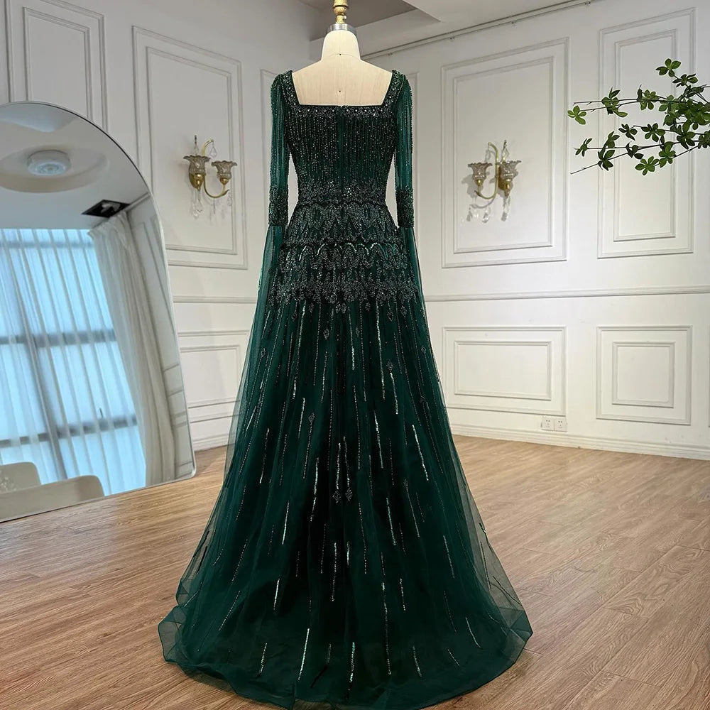 Luxury Green A-LineBeaded Evening Dress with Cape Sleeves LA73089