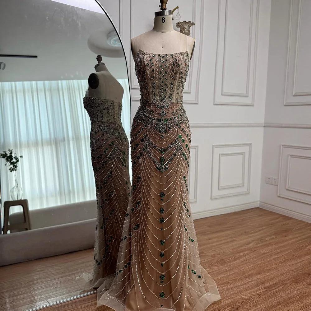 Luxury Green Beaded Saudi Arabic Evening Gown for Formal Occasion LA72842