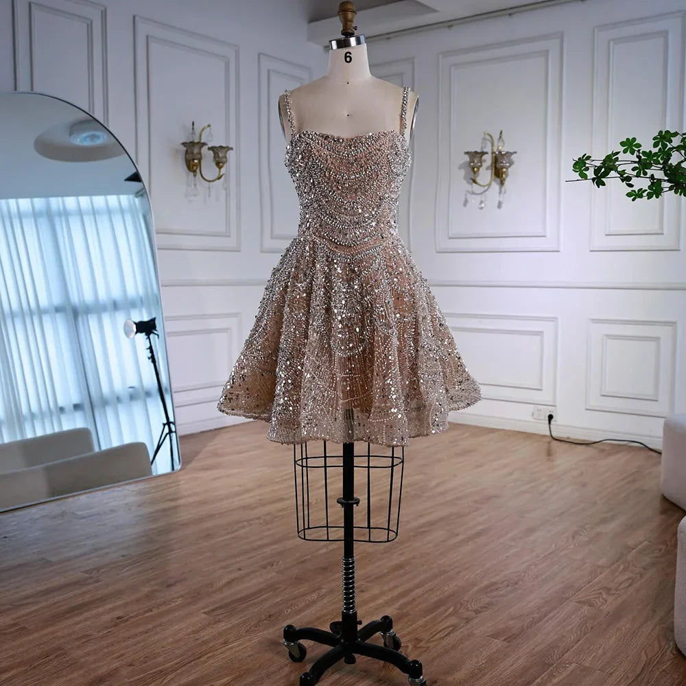 Luxury Nude Crystal Beaded A-Line Short Cocktail Party Dress LA72983