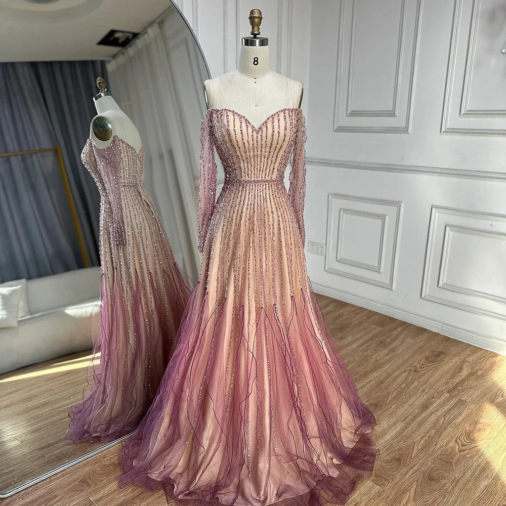Luxury Dubai Arabic Purple Elegant A-Line Beaded Long Evening Dresses Gowns for Formal Occasion LA72752