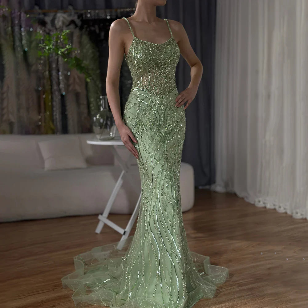 Luxury Dubai Saudi Caramel Beaded Spaghetti Strap Arabic Mermaid Evening Dress Gown for Formal Occasion LA72733