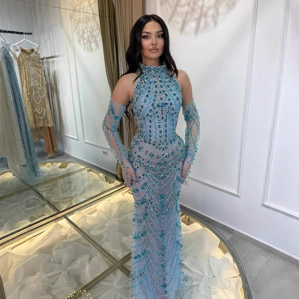 Luxury Dubai Arabic Blue Beaded Evening Dress with Gloves LA72760A