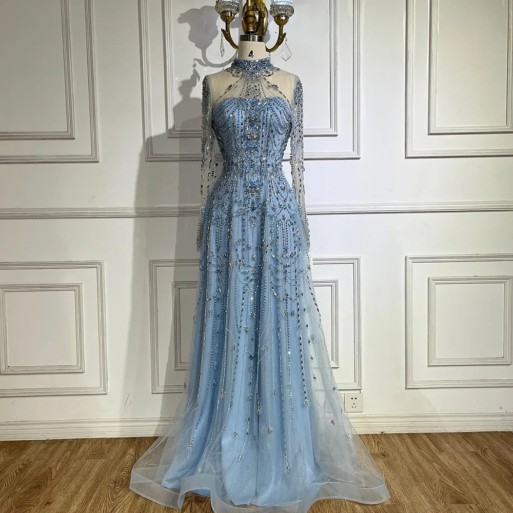 Modest A-Line Blue Lace Beaded Evening Gown LA72704