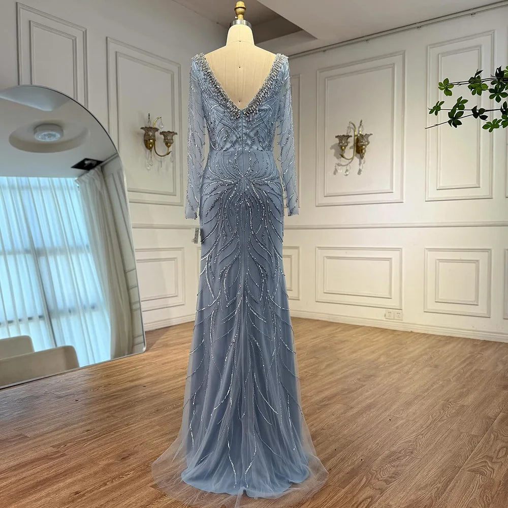Luxury Muslin Blue hijab Evening Dress With Long Sleeves LA72963