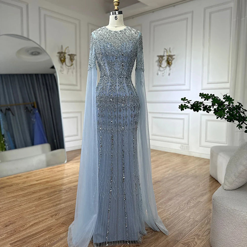 Dubai Caramel Elegant Cape Sleeve Luxury Beaded Evening Gown LA72775