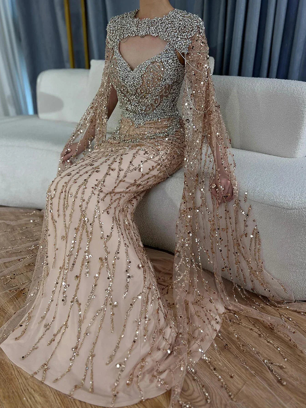 Luxury Designer Nude Beaded Crystal Evening Dress with Detachable Cape Sleeves LA72539