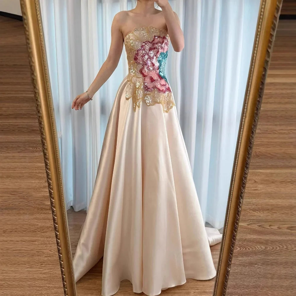 Luxury Chic Arabic Designer Beaded Satin A-Line Evening Dress LA72195B