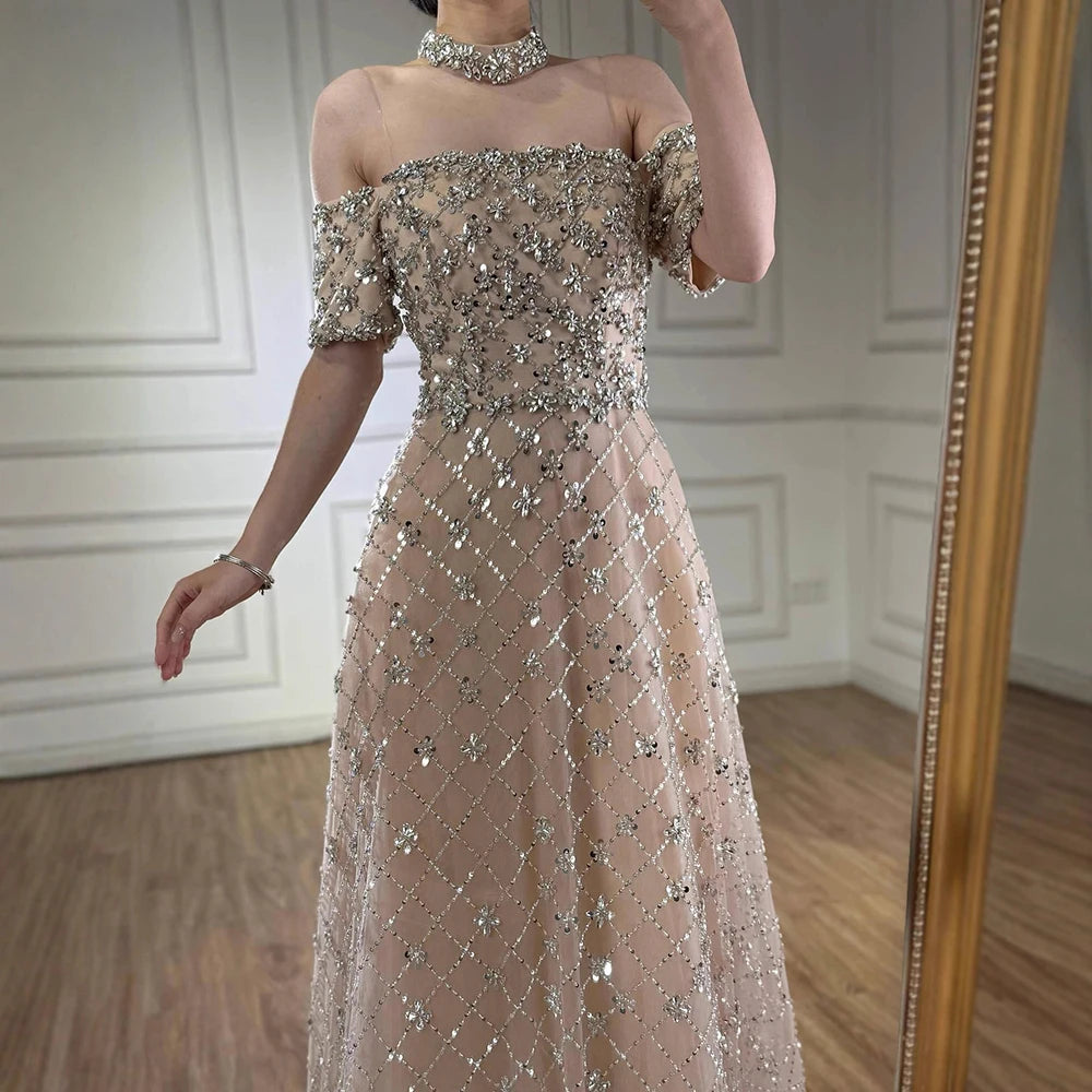 Luxury Nude Sliver Off Shoulder Beaded Crystal A-Line Evening Dress LA73122