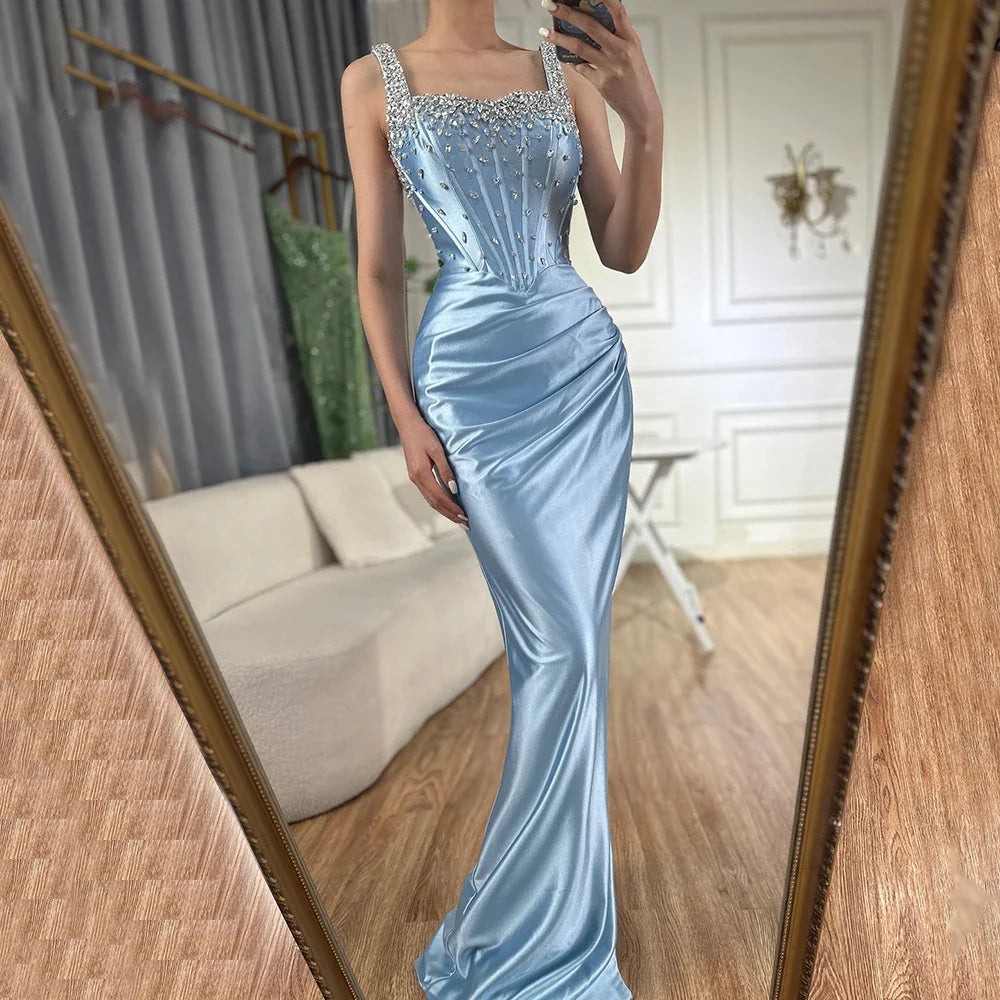 Luxury Dubai Saudi Blue Crystal Beaded Spaghetti Strap Mermaid Evening Dress Gown with Split for Formal Occasion LA72739