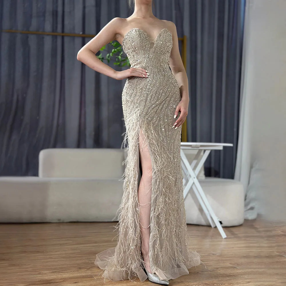 Luxury Blue Feather Beaded Evening Dress with Side Skirt LA72695