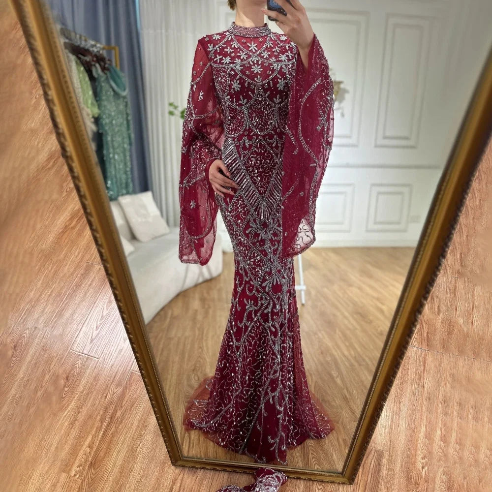 Luxury Dubai Muslim Nude Mermaid Elegant Bell Sleeve Beaded Luxury Dubai Long Evening Dress for Formal Occasion LA72316A