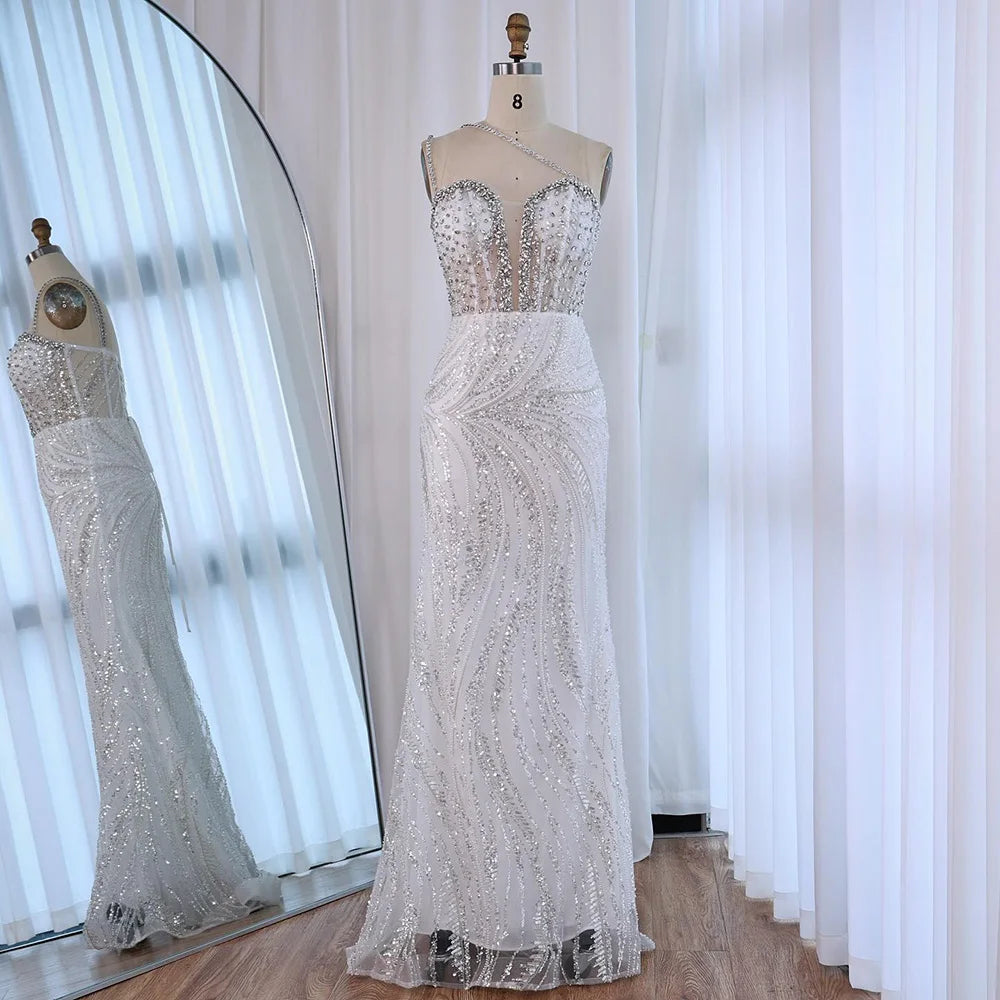 Luxury Dubai Nude Beaded One-Shoulder Evening Gown with Crystal for Formal Occasion LA72872