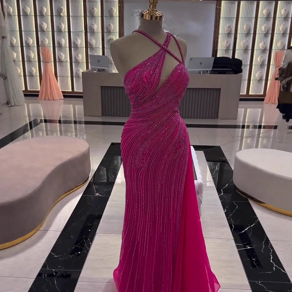 Fuchsia One Shoulder Beaded Mermaid Evening Dress with Overskirt LA73105