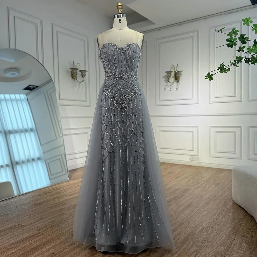 Luxury Gray Beaded Evening Dress with Overskirt LA73129