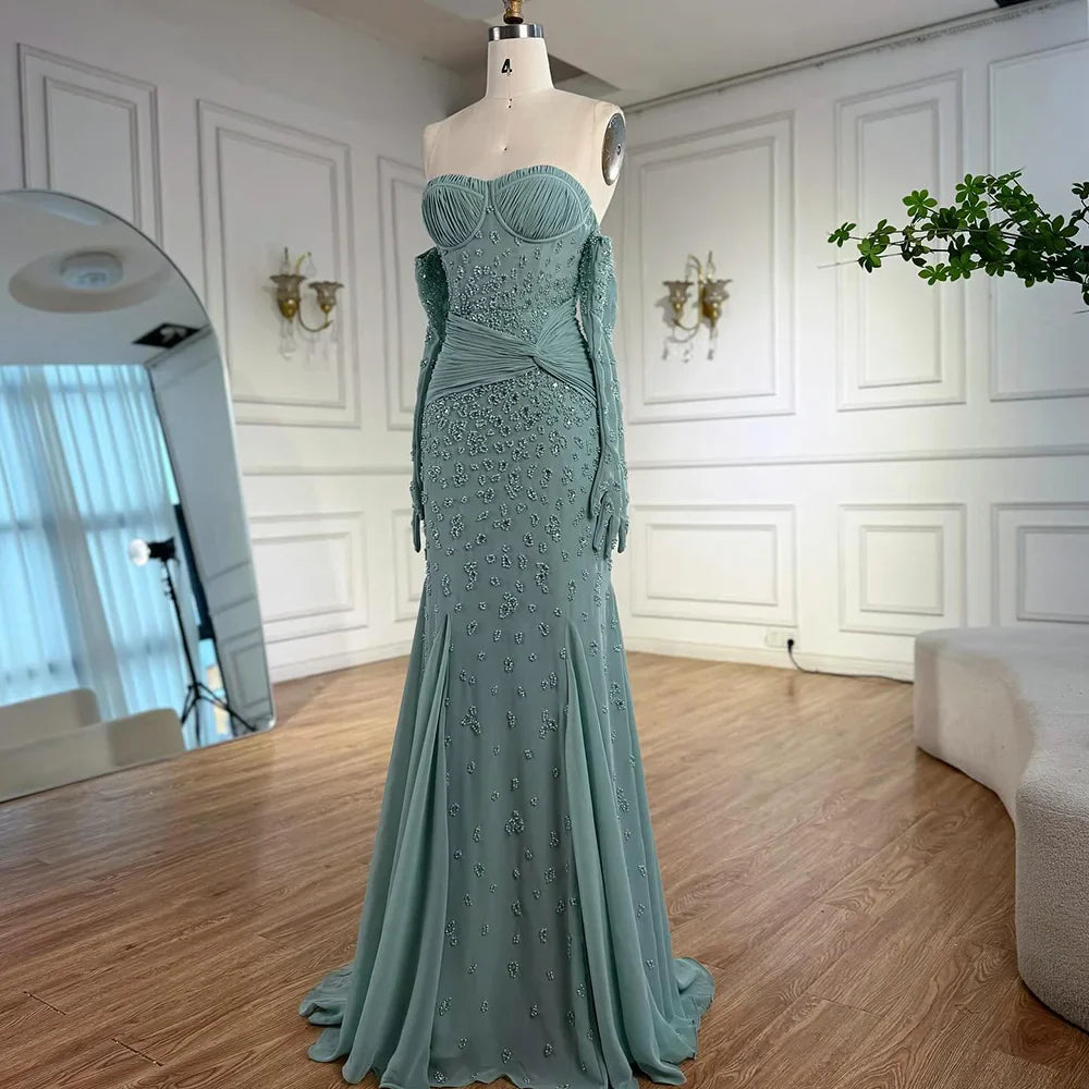 Luxury Turquoise Strapless Beaded Evening Dress with Gloves LA72933