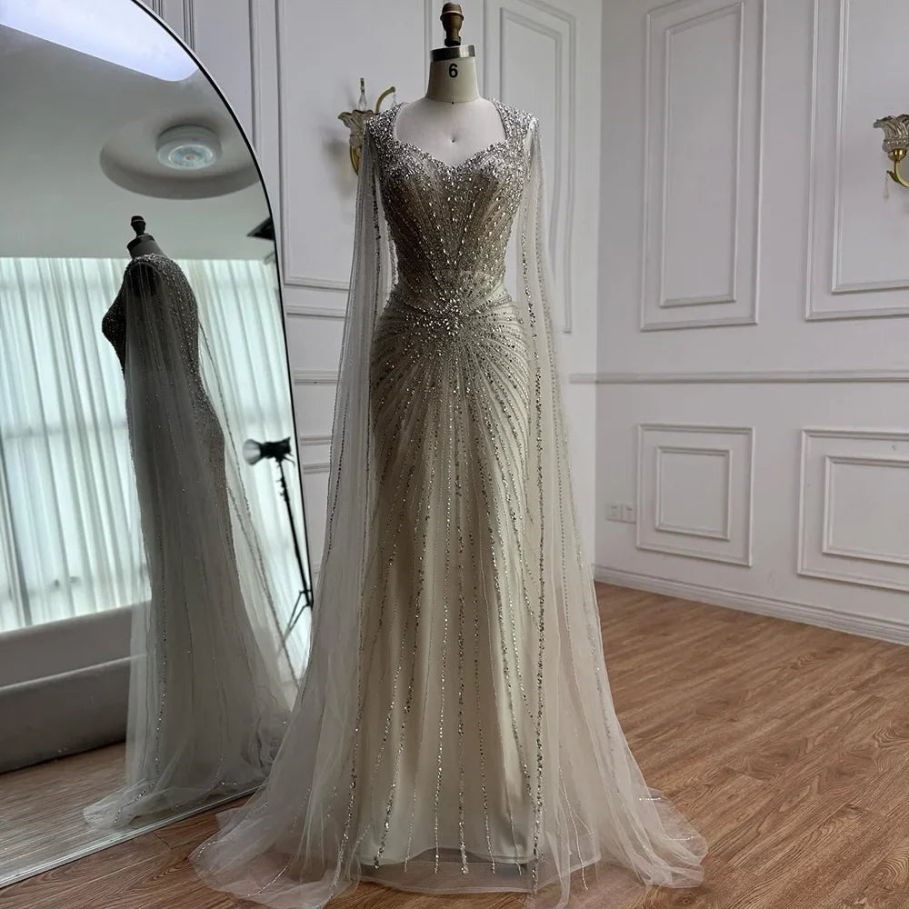 Dubai Luxury Nude Cape Sleeves Beaded Evening Dress LA72575A