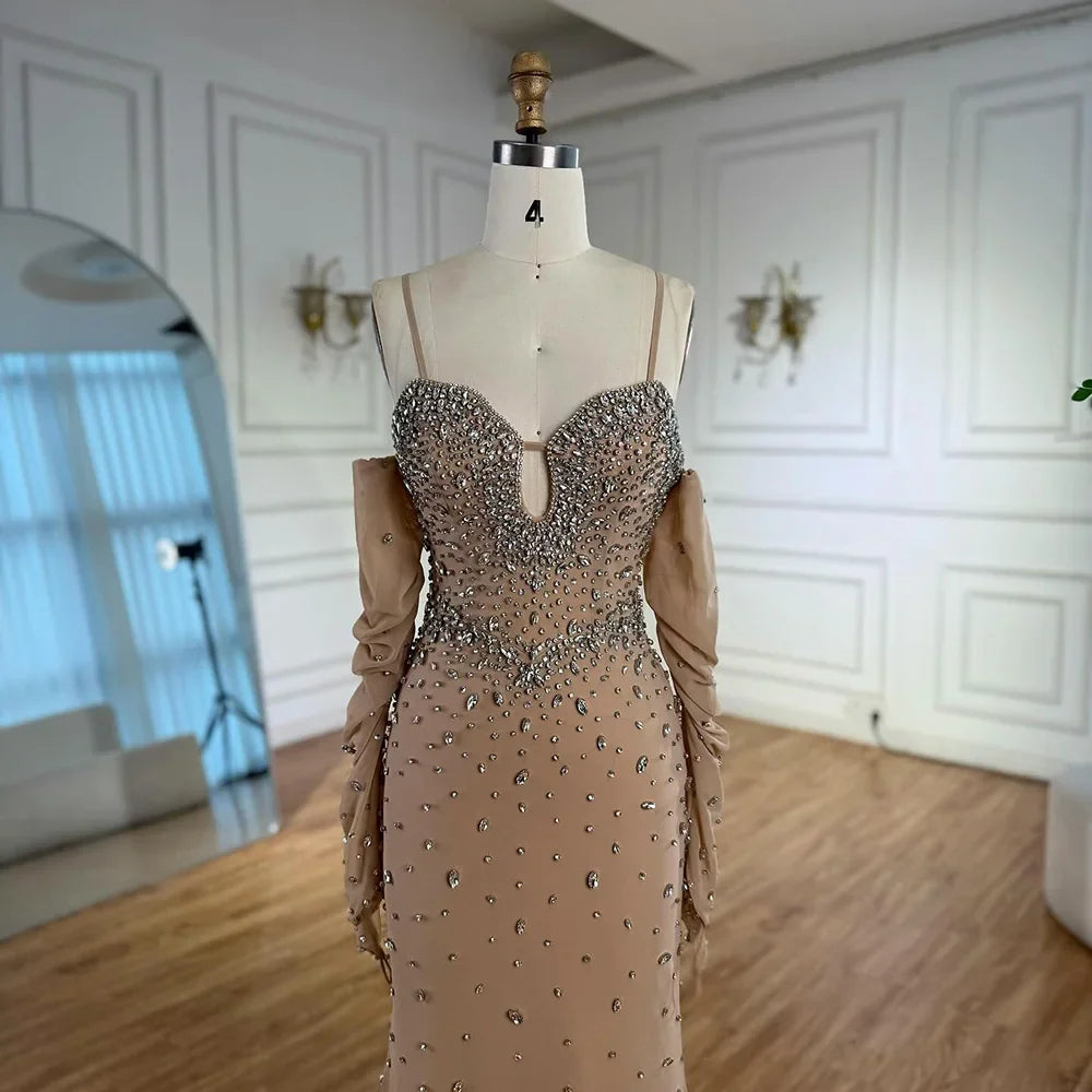 Luxury Nude Beaded Dress with Detachable Sleeves LA73065