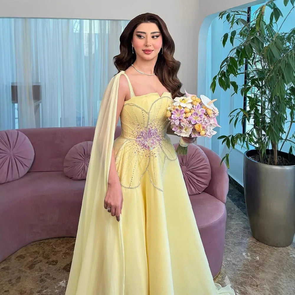 Luxury Yellow A Line Evening Dress with Cape LA73045