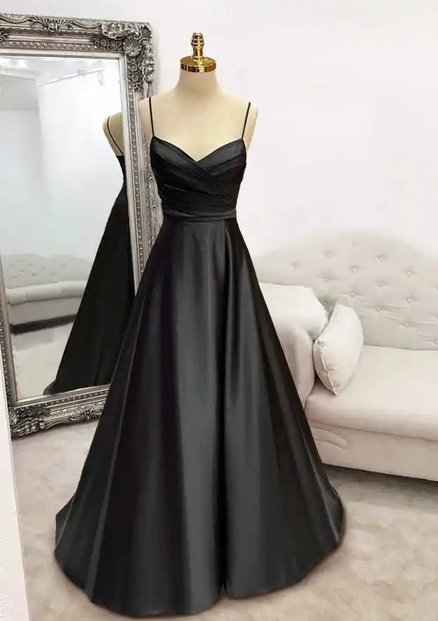 Serene Hill Arabic Green A-Line Spaghetti Straps Floor-Length Satin Prom Dress with Pleats for Women's Party LA72684
