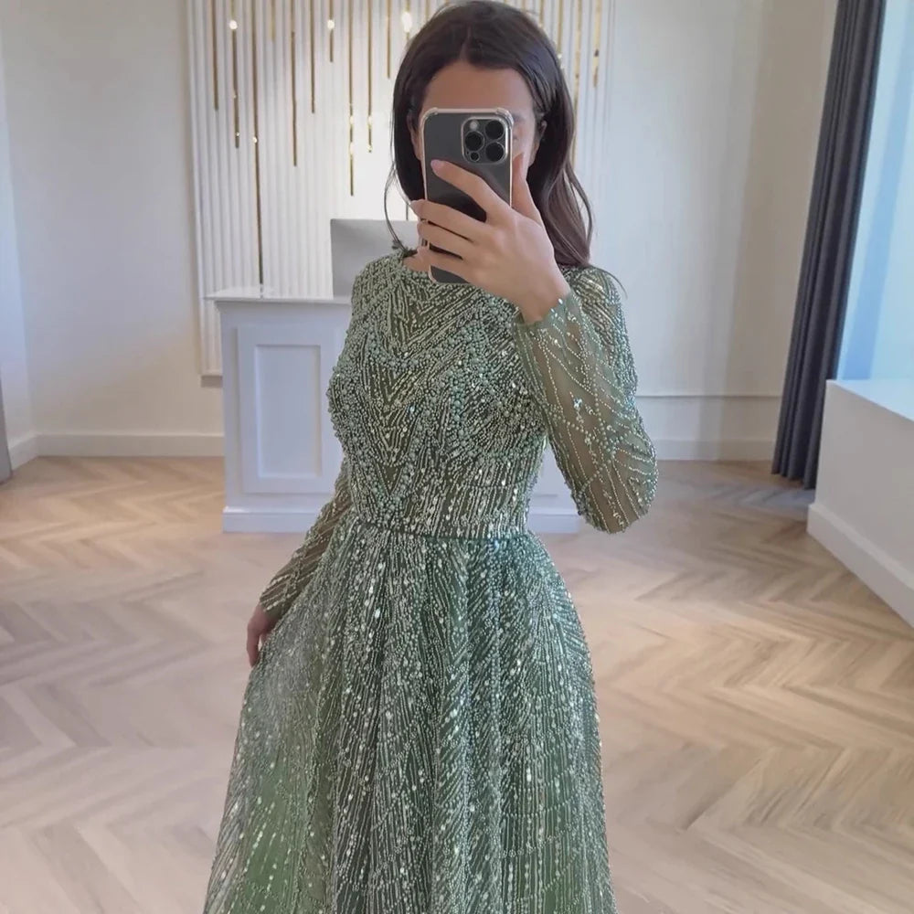 Luxury Olive Green Beaded A-Line Modest Evening Dress LA72738B