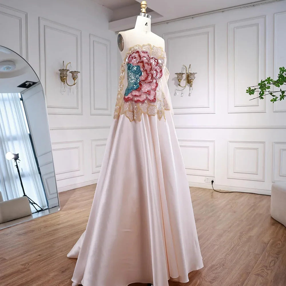 Luxury Chic Arabic Designer Beaded Satin A-Line Evening Dress LA72195B