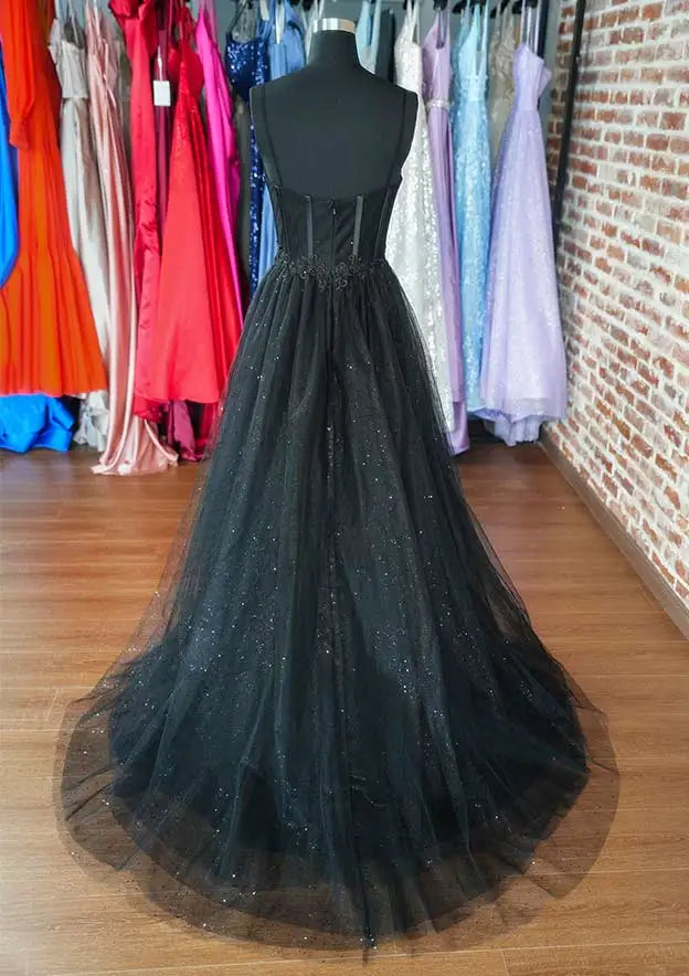 Serene Hill Arabic Black A-Line Sweetheart Spaghetti Straps Tulle Glitter Prom Dress with Appliqué for Women's Party LA72689