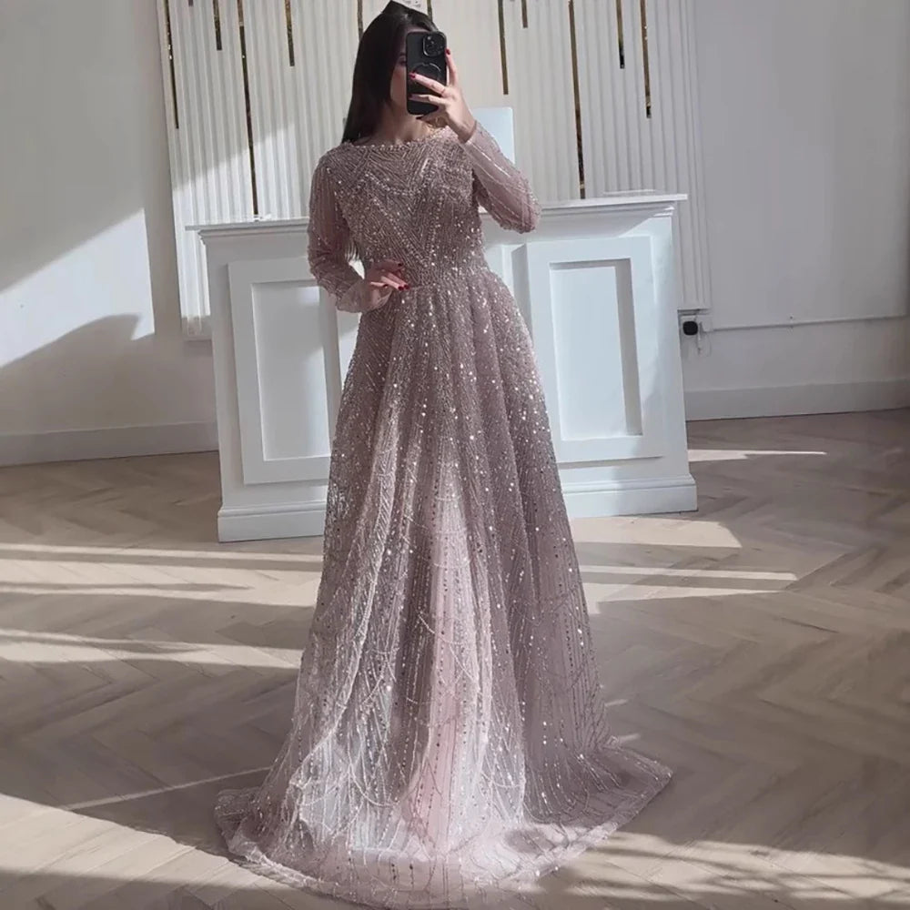 Luxury Olive Green Beaded A-Line Modest Evening Dress LA72738B