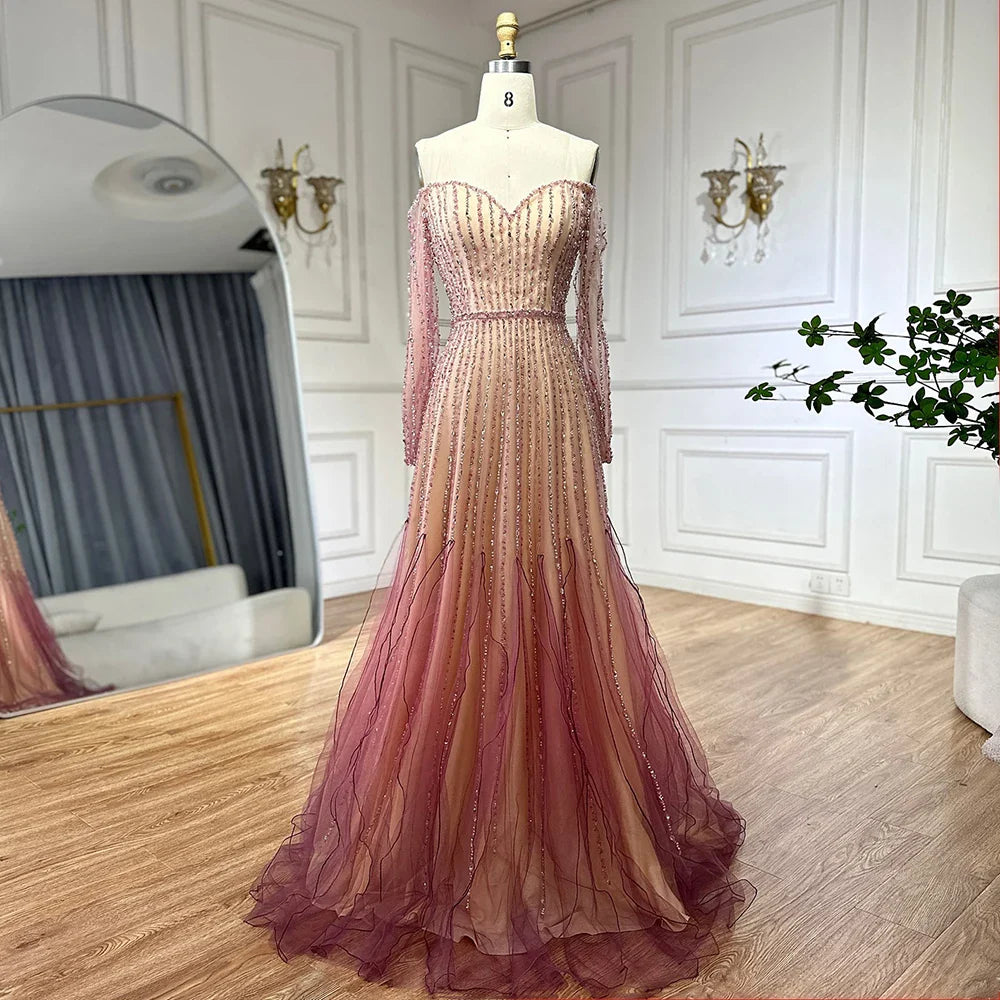 Luxury Dubai Arabic Purple Elegant A-Line Beaded Long Evening Dresses Gowns for Formal Occasion LA72752