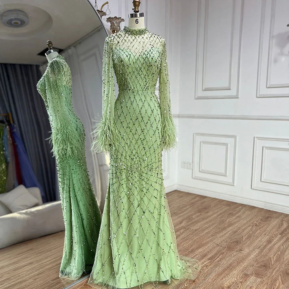 Luxury Dubai Caramel Beaded Feathers Mermaid Evening Dress LA72394A