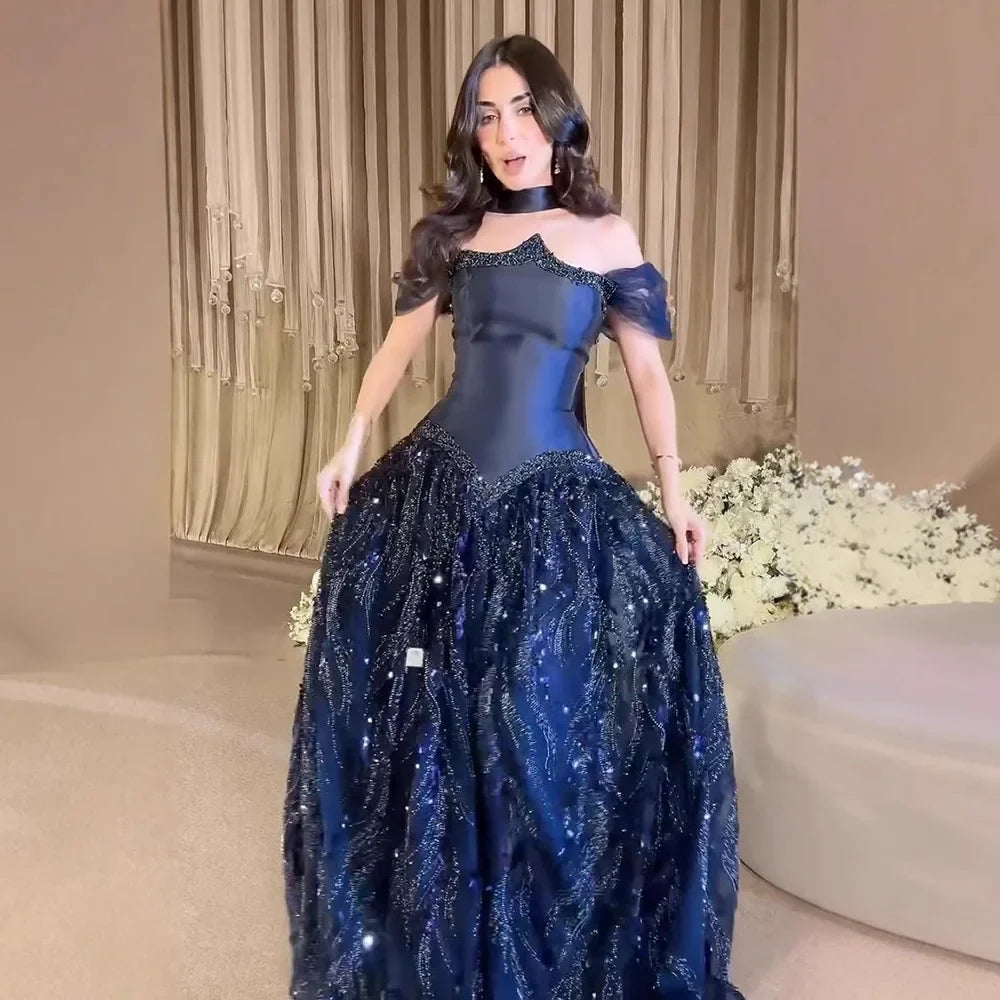 Luxury Arabic Navy A-Line Evening Dress with Beaded LA73050
