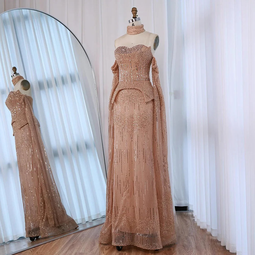 Luxury Gray Beaded Off-Shoulder Evening Dress with Cape Sleeves LA73076