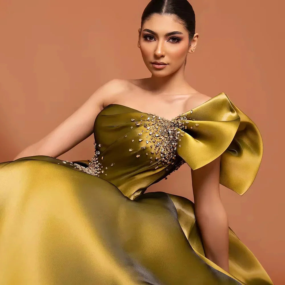 Luxury Yellow Satin One Shoulder A Line Evening Dress LA72794