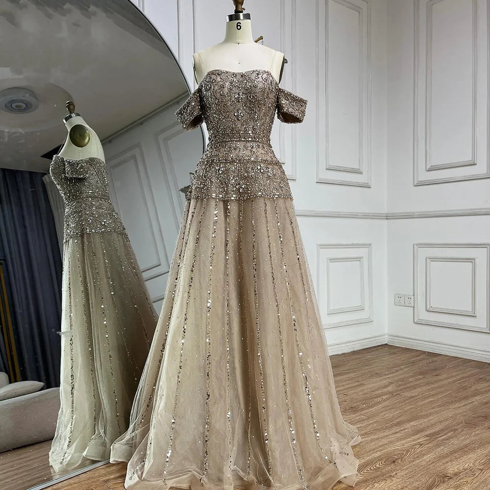 Luxury Caramel Off The Shoulder A-Line Beaded Evening Dress LA72709