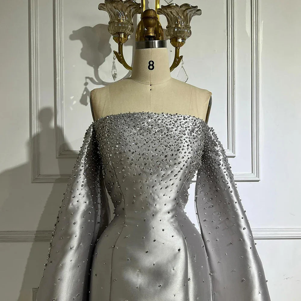 Luxury Dubai Luxury Off Shoulder A Line Gray Satin Evening Gown Pearl Beaded for Formal Occasion LA72779