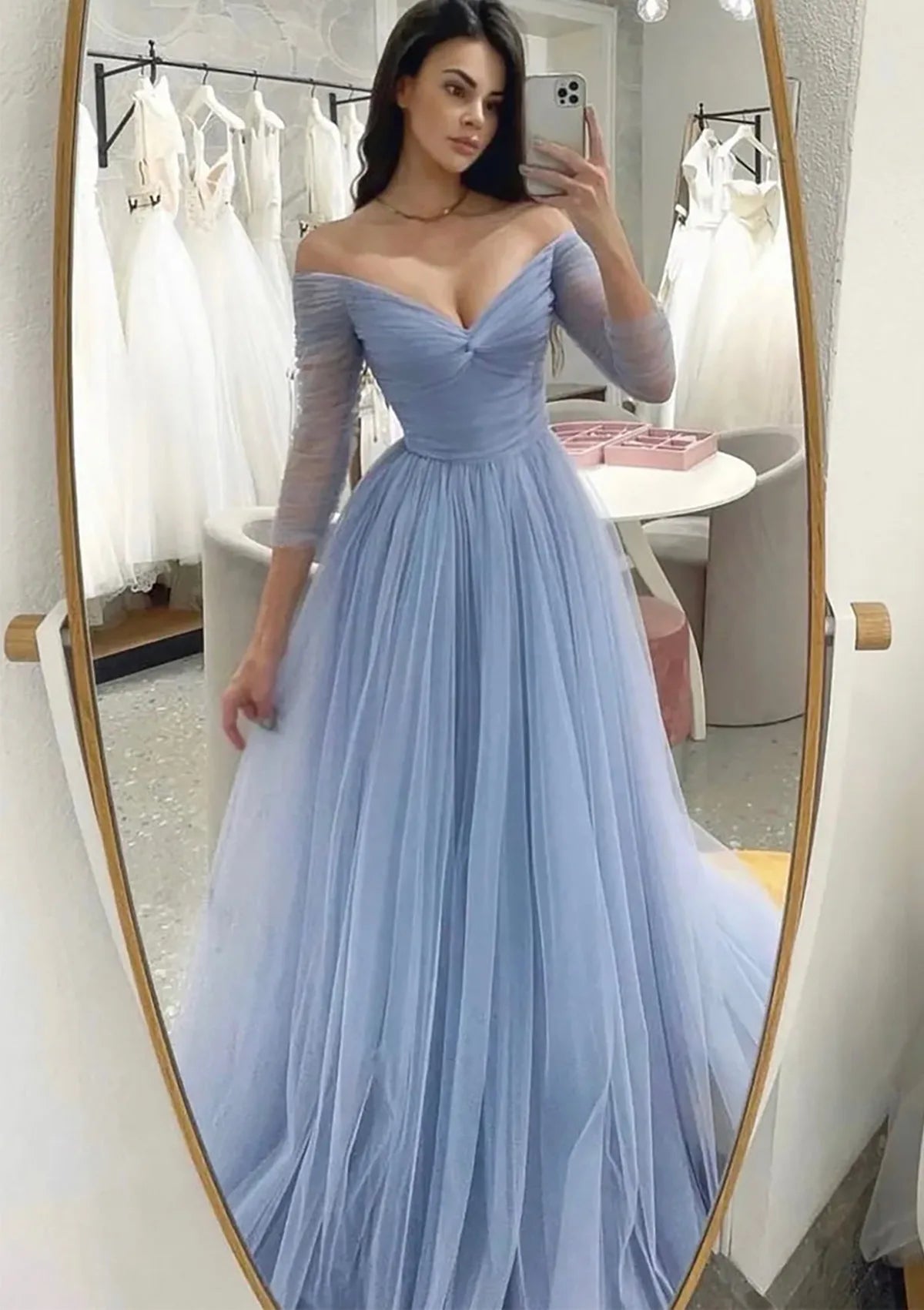Serene Hill Arabic Blue A-Line Off-the-Shoulder Tulle Prom Dress with Pleats for Women's Party LA72690
